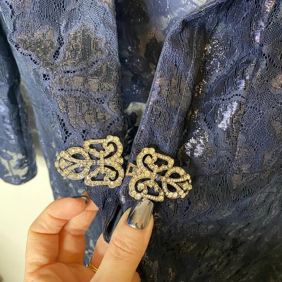 Ursula of Switzerland Vintage Lace Long Formal Jacket Navy Embellished sz 10 - Picture 3 of 4